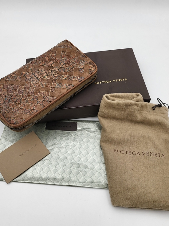 Bottega Veneta Handbags - Bottega Veneta Brown Intrecciato Python Zip-Around Wallet.Authentic.Full Set..